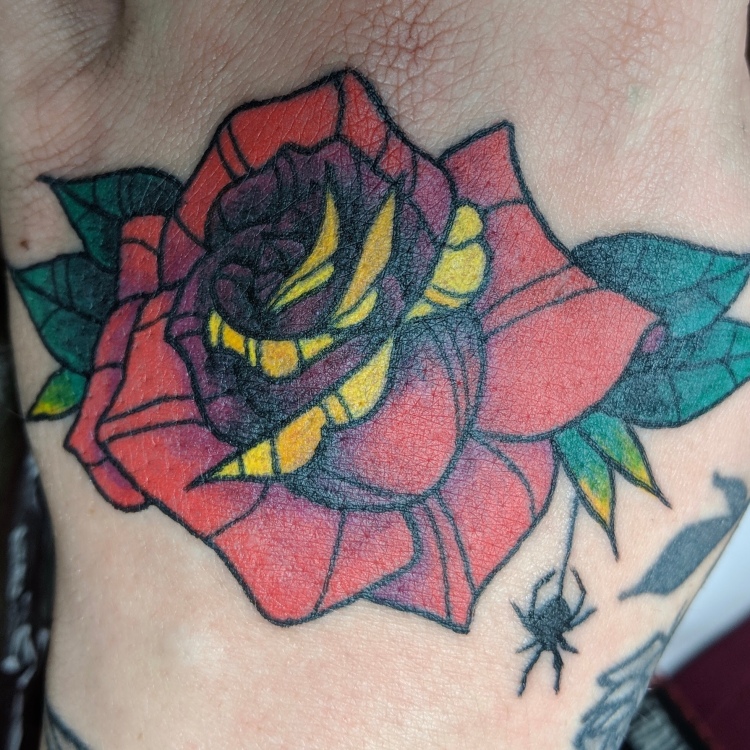 Image of a color neotraditional style tattoo on the top of a hand