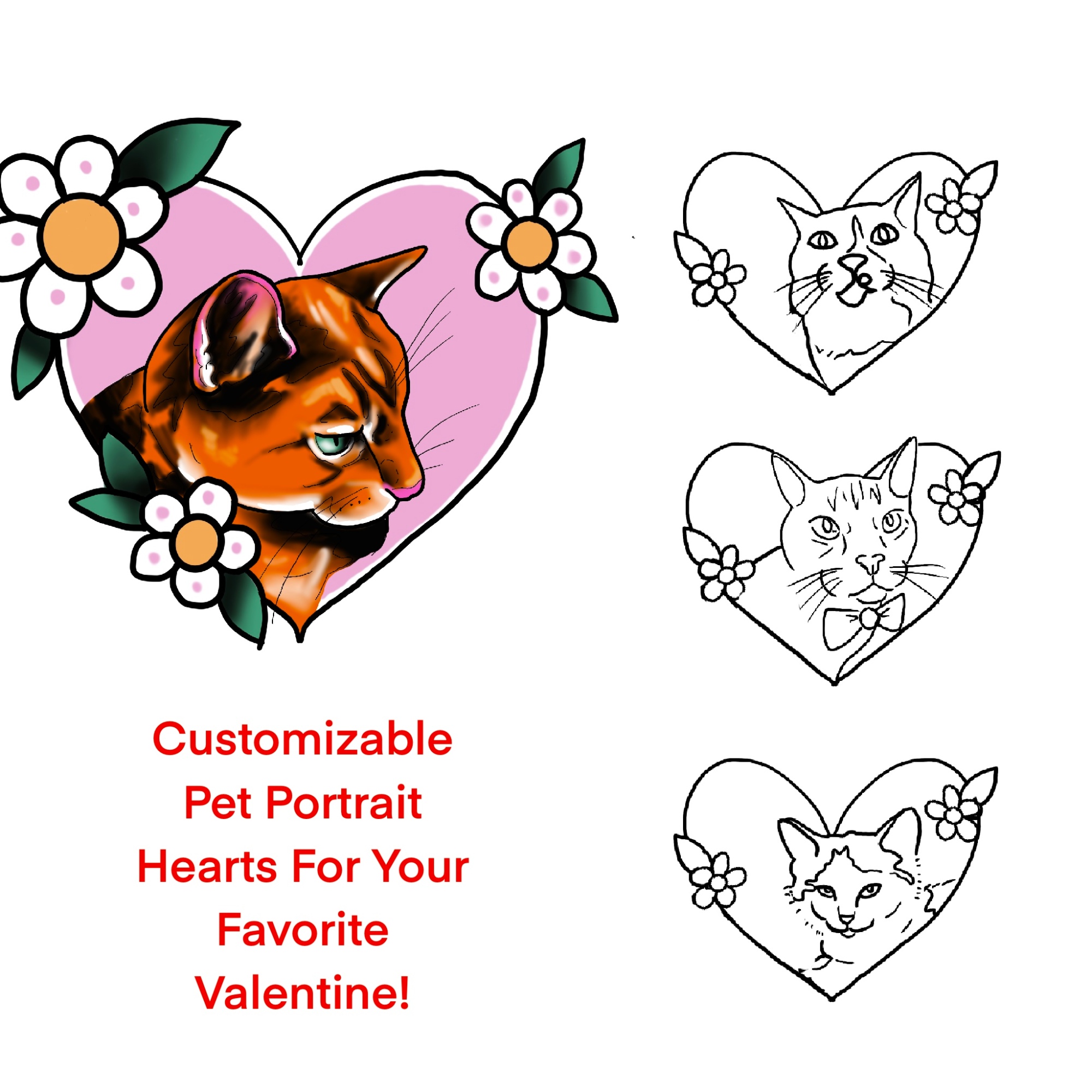 Digital Drawing of Cat heads in a Neotraditional Style Heart.